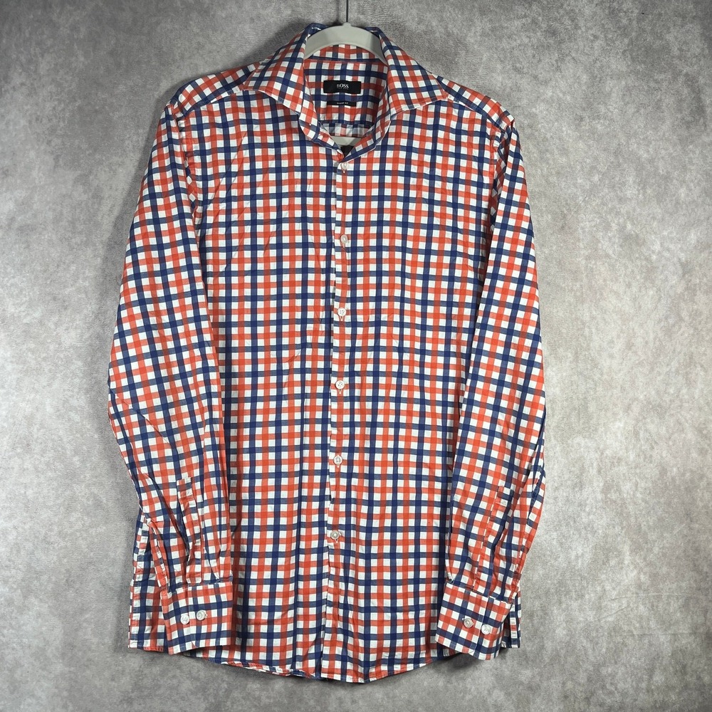 BOSS Hugo Boss Dress Shirt Mens Size 15.5-34/35 Orange Blue Plaid Sharp Fit Work
